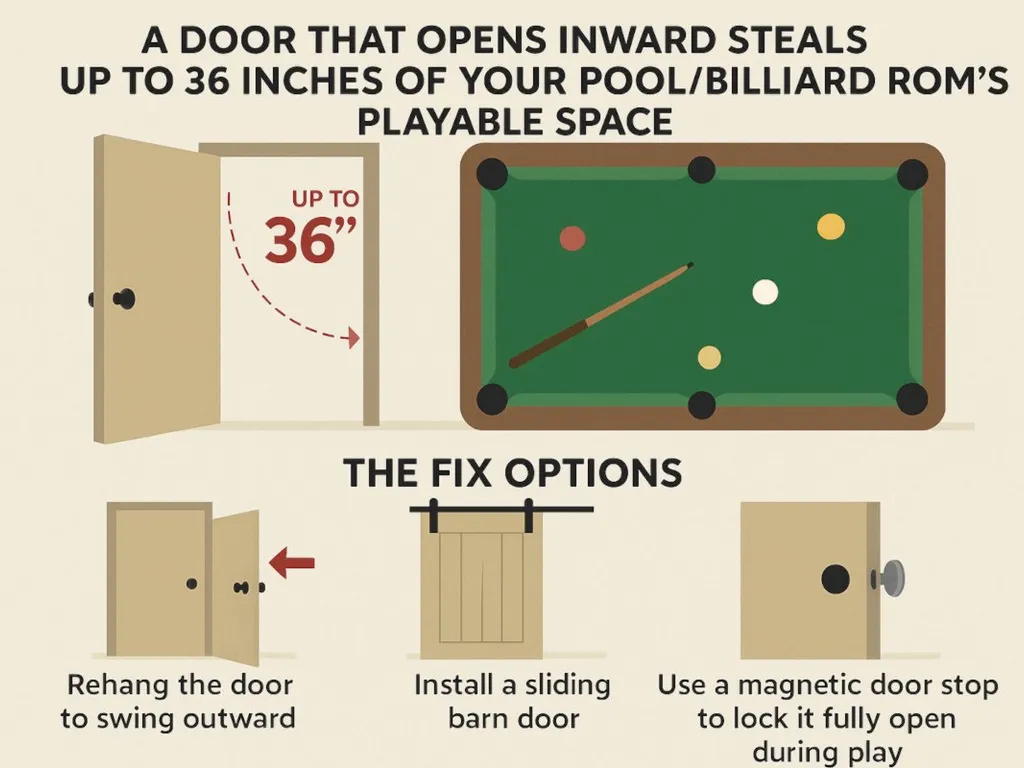 A door that swings inwards reduces your pool room's playable area by up to 36 inches